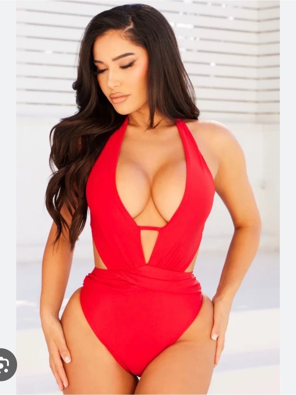 Red Plunge Halter One-Piece Swimsuit